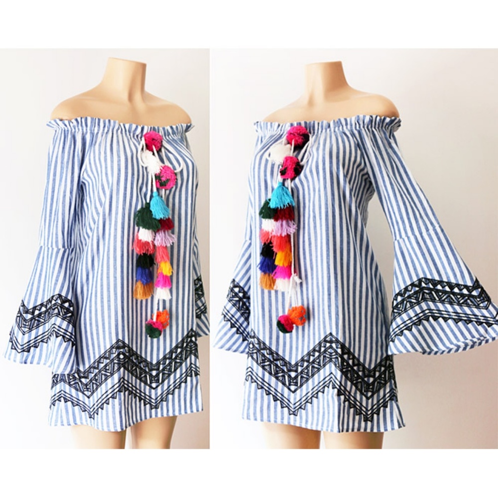 Blue Stripe Pom Pom Tassel Bell Off Shoulder Dress - Picture 2 of 8